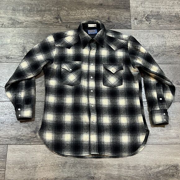 Vintage 70s Pendleton High Grade Western Wear Wool Snap USA Plaid - Men's Large - Picture 1 of 9
